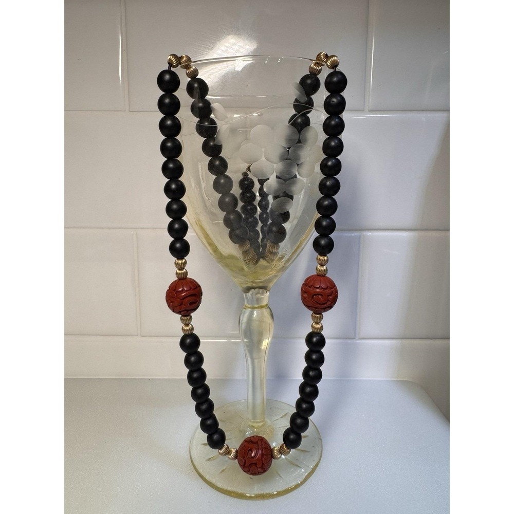 VTG Matte Onyx & Carved Red Cinnabar Necklace 27"‎ Gold Filled Beads Bail/Clasp